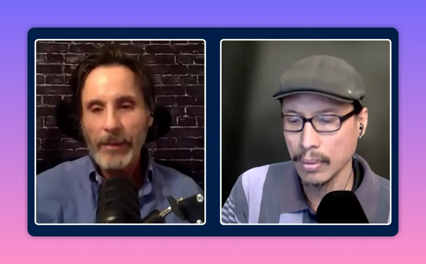 Clear split‑screen of two hosts in a video conversation, both visible and attentive, microphones in frame.