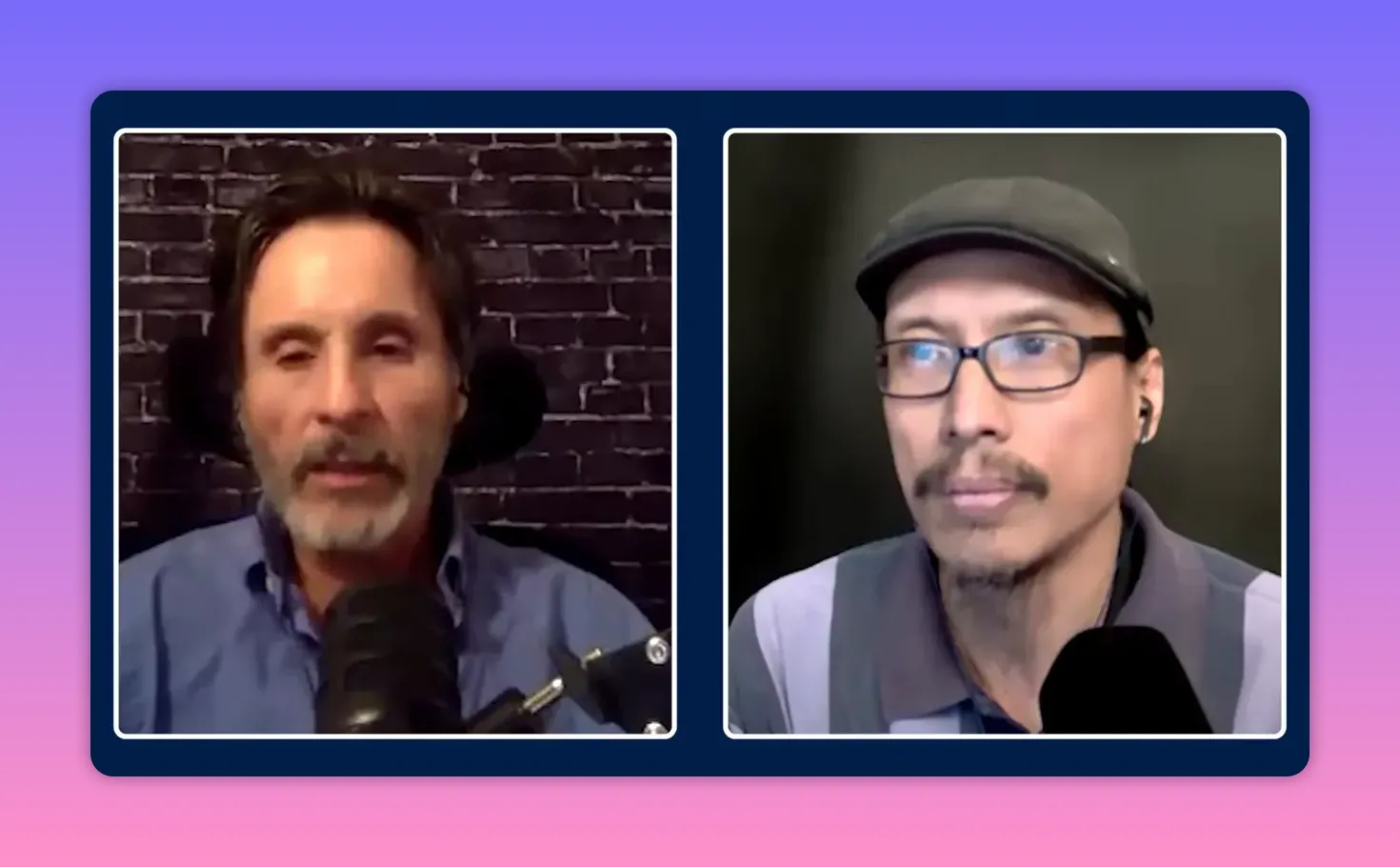 Crisp split‑screen podcast shot showing two hosts clearly — one speaking into a mic with a brick backdrop and the other looking attentive in a dark studio.