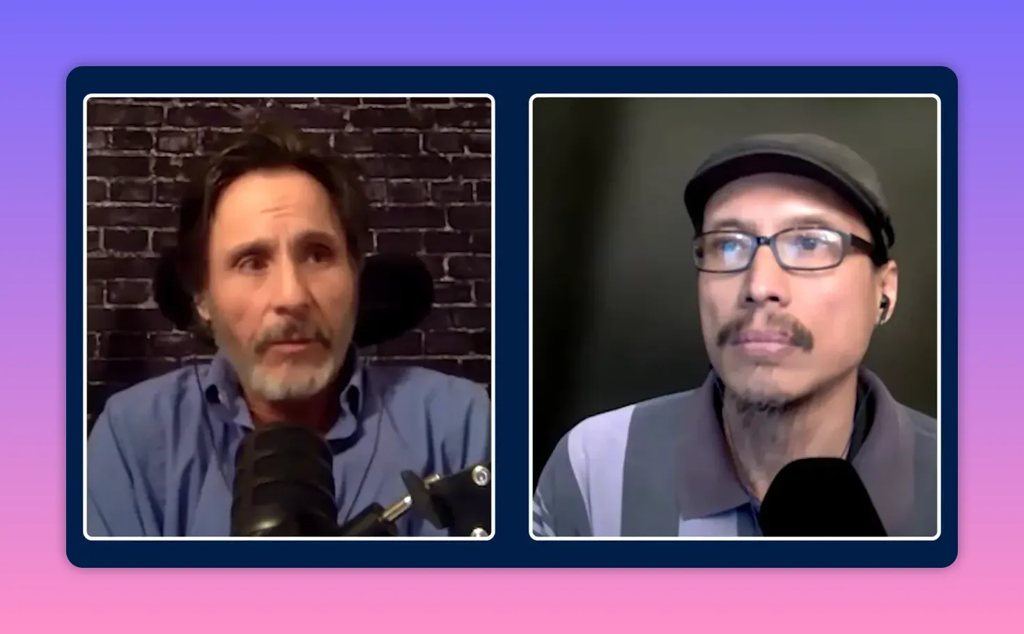 Crisp split-screen of two commentators discussing policy and standards; both faces well-lit and clearly visible with microphones.