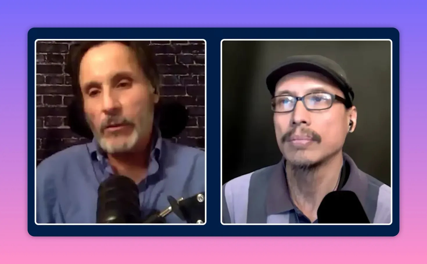 Two podcast hosts in a crisp split‑screen frame, both clearly visible and attentive.
