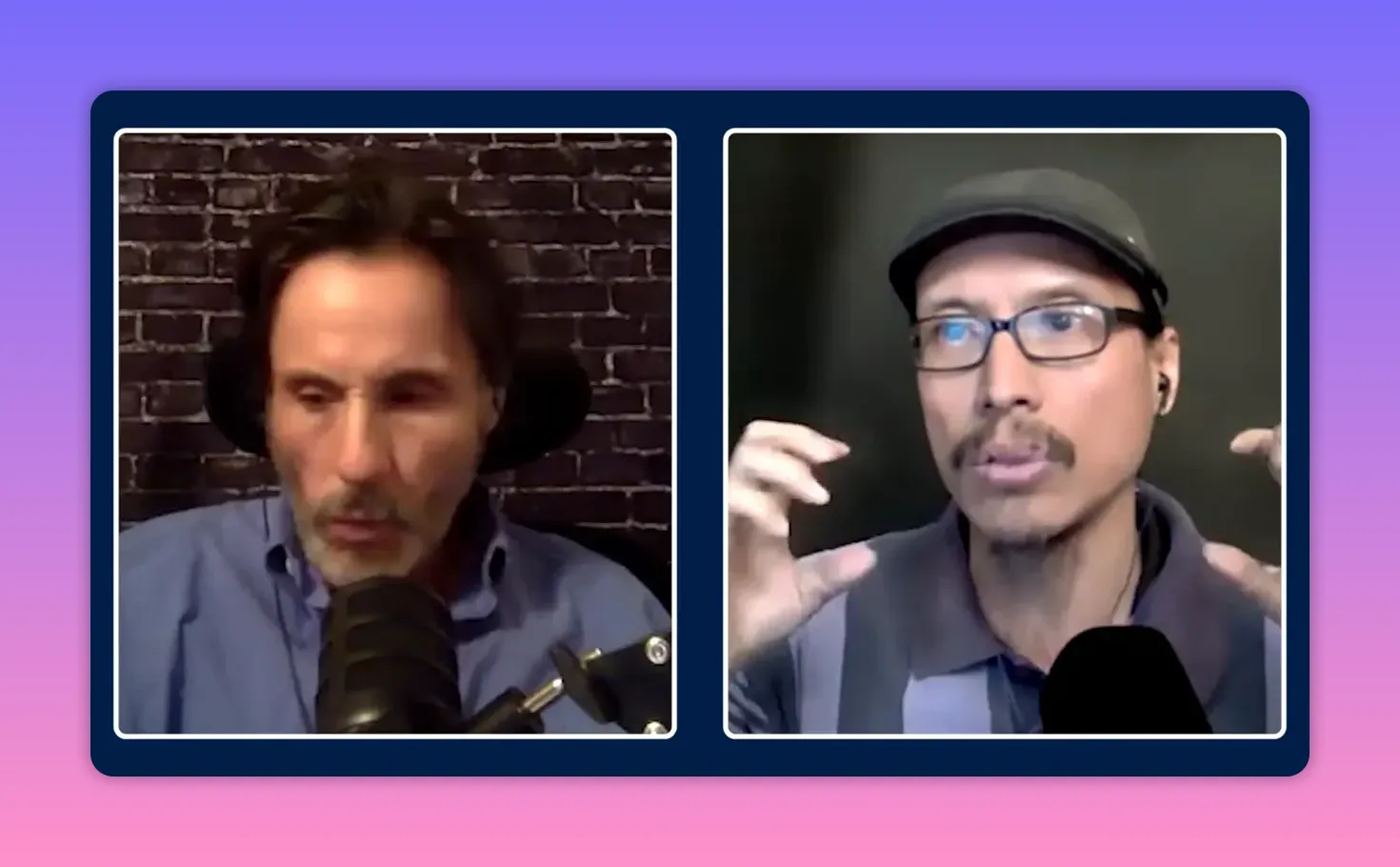 Split‑screen interview with one speaker using hand gestures to stress a point