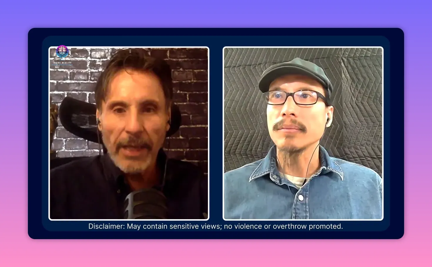 Crisp split-screen video frame of two speakers discussing policy, clear facial expressions and microphone visible.