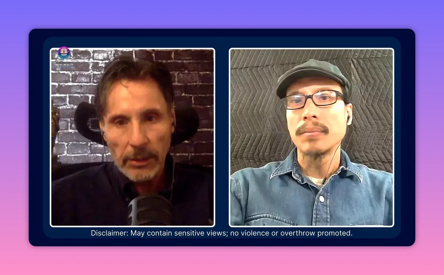 High-quality split-screen interview still with two men discussing societal division, good lighting and sharp focus