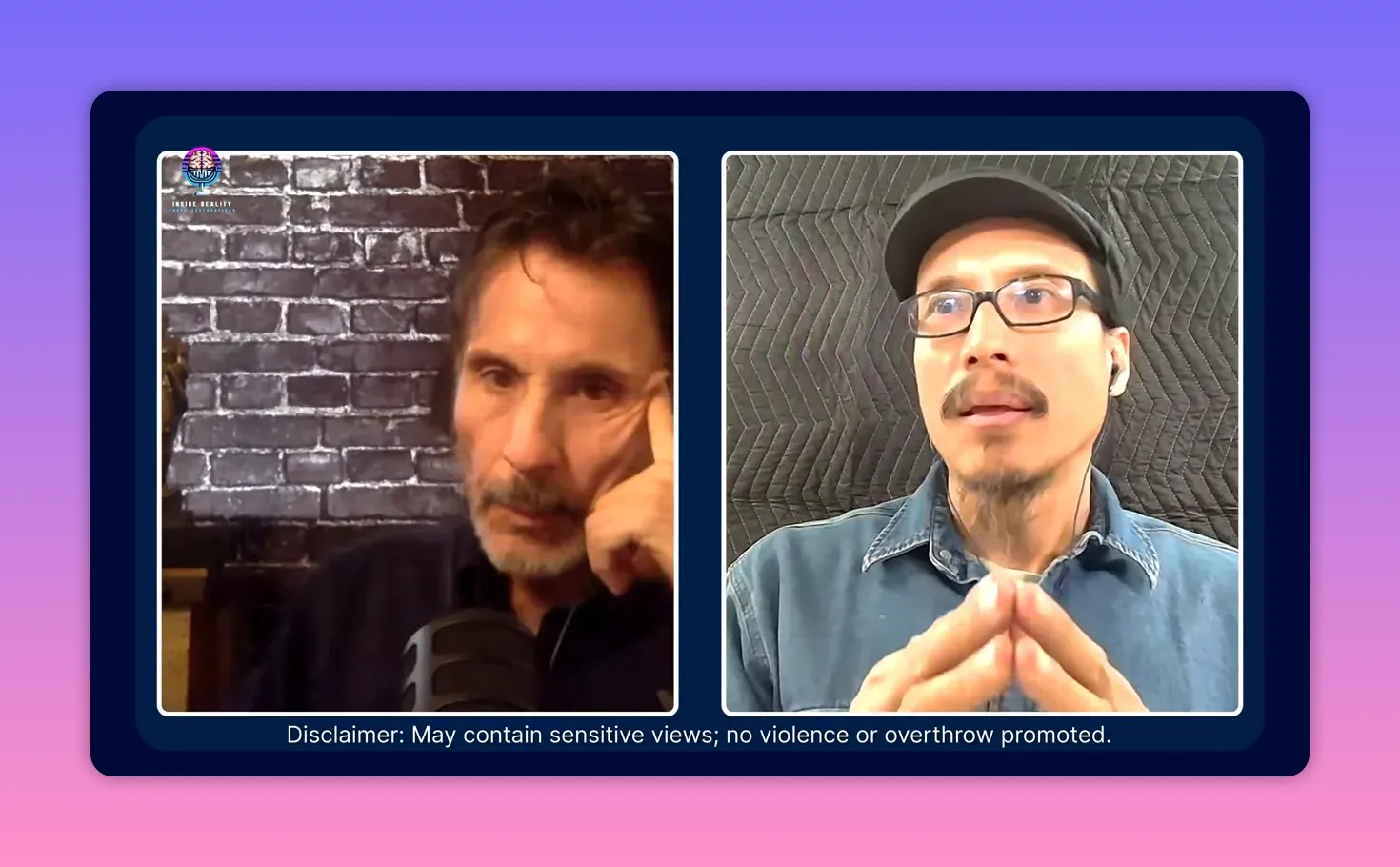 High‑clarity split‑screen interview with two speakers, left participant resting hand on face and right participant speaking with hands steepled.