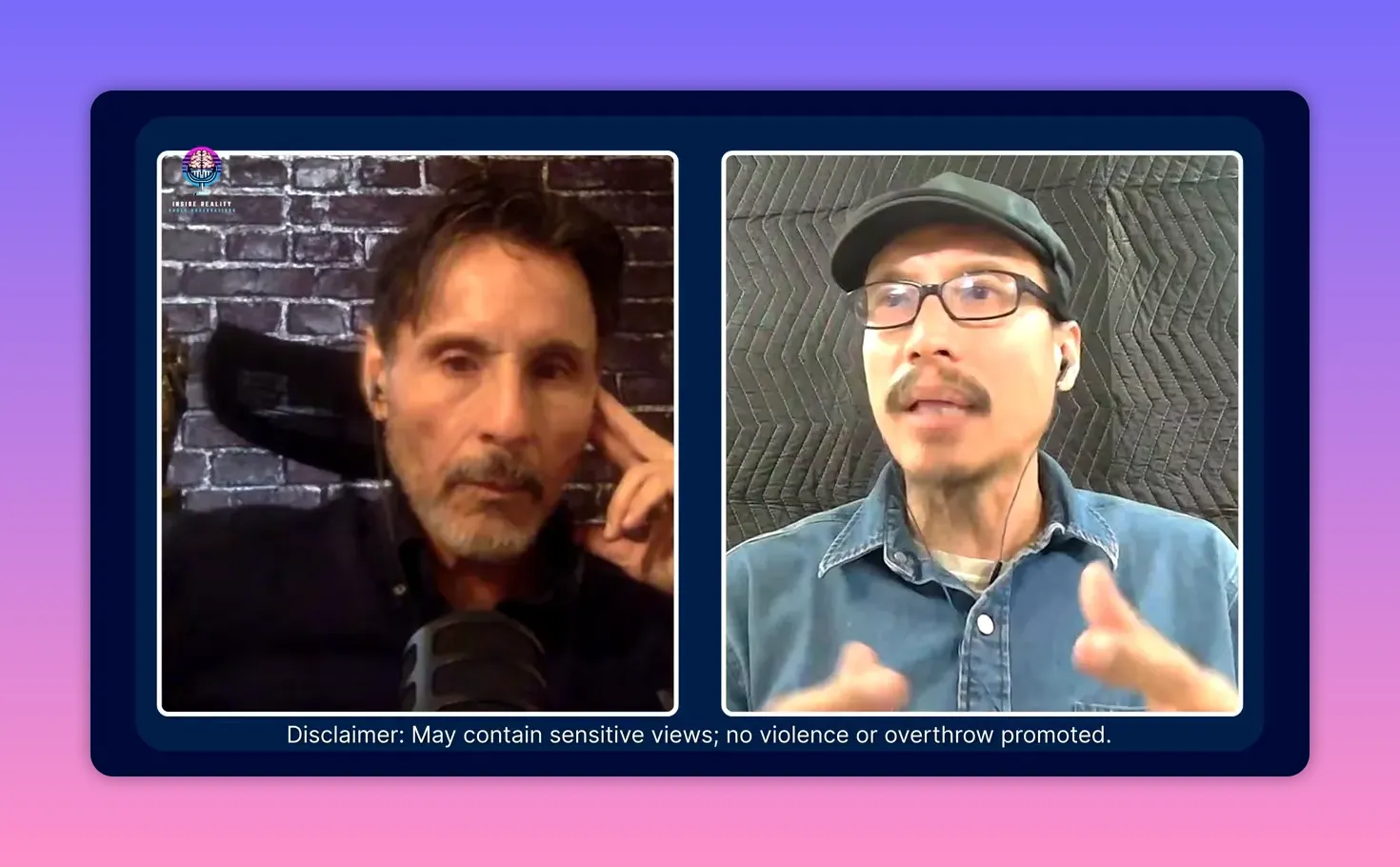 Well‑lit split‑screen interview with two men in conversation, both faces sharp and expressive.